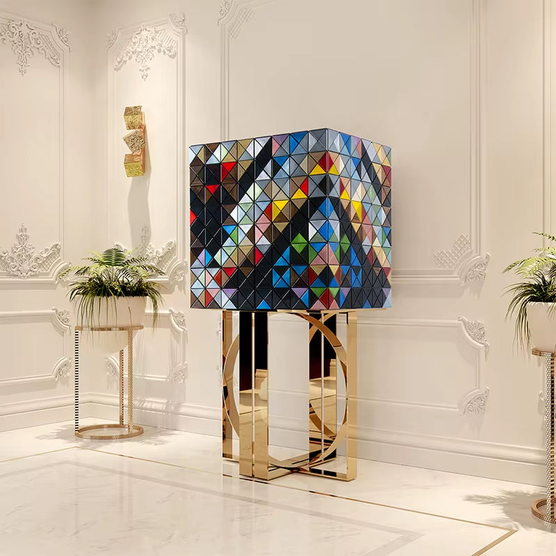 High-End Luxury Wine Cabinet for Villa Mansion Light Painted High-Legged Wall Art Display Wood Panel Style for Living Room