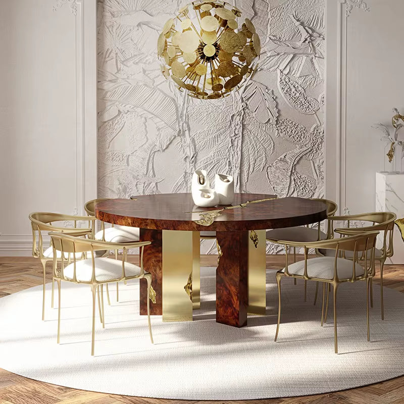 High-End Custom Modern Design round Dining Table Luxury Stainless Steel and Solid Wood for Hotel Villa Restaurant Furniture